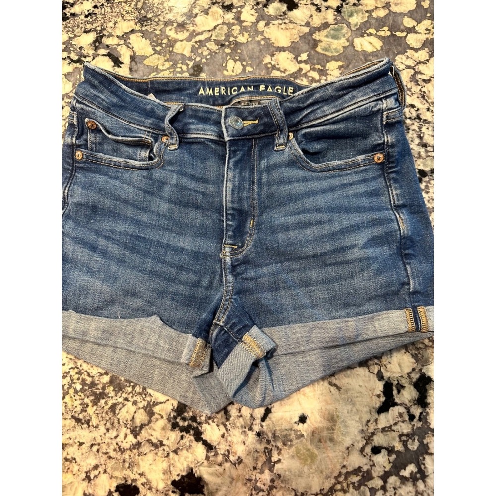 American Eagle Next Level Stretch Denim Shorts Medium Wash Cuffed Blue Womens 4